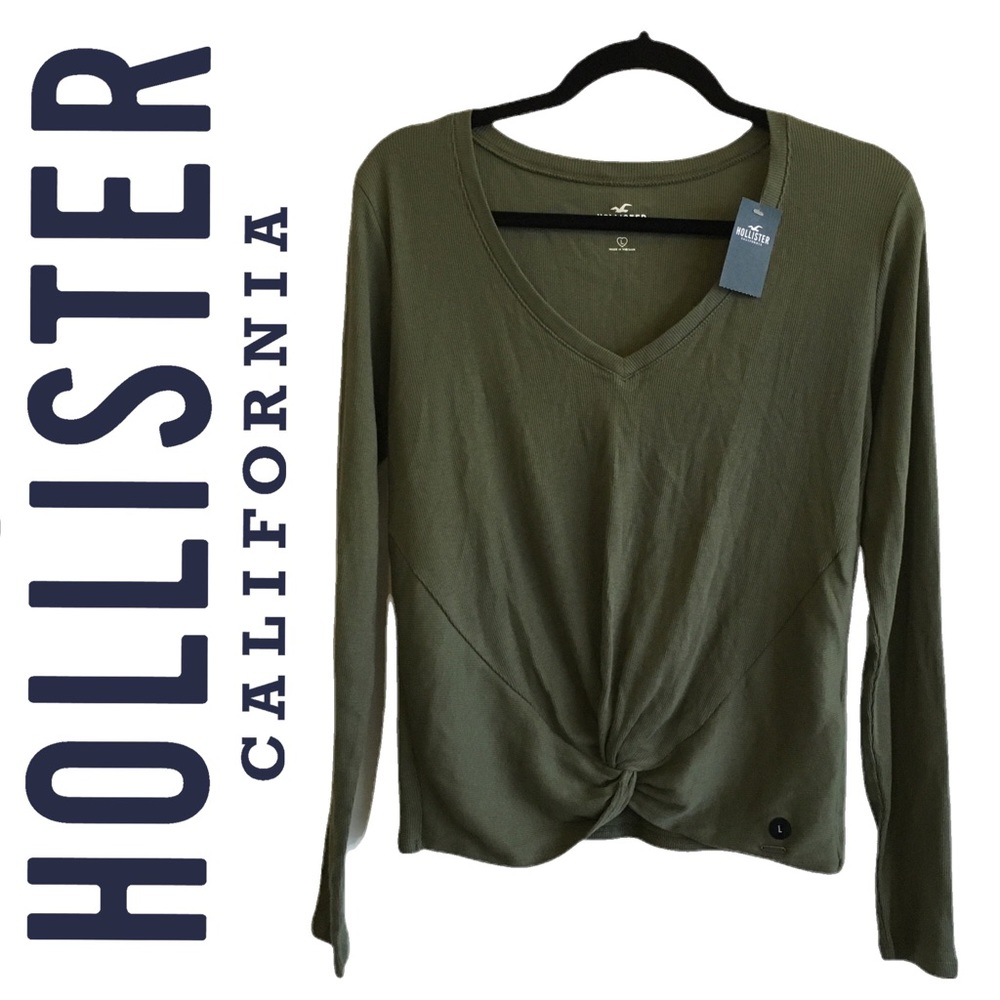 Hollister Army Green V Neck Tie Knot Front Size LG